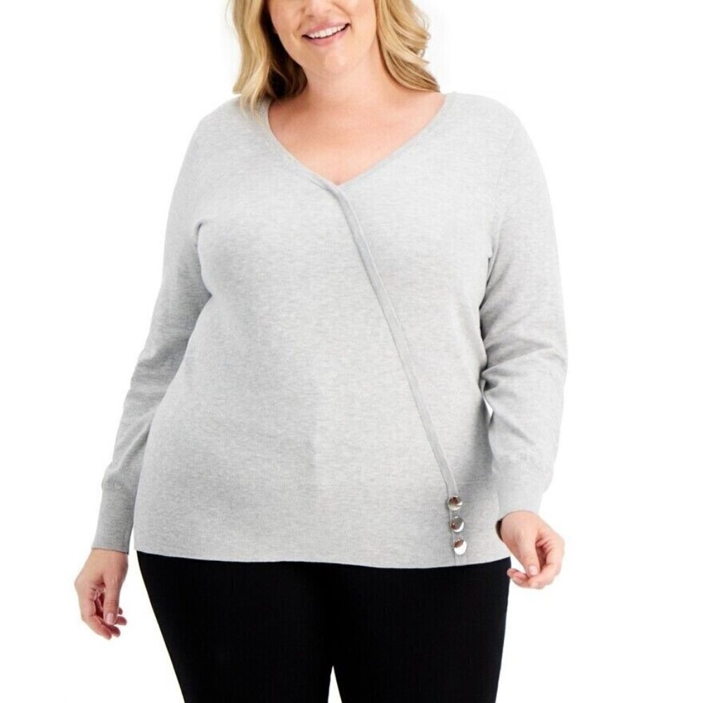 JM Collection Womens Size 2X Surplice Studded-Hem Sweater Sky Grey Heather 1161